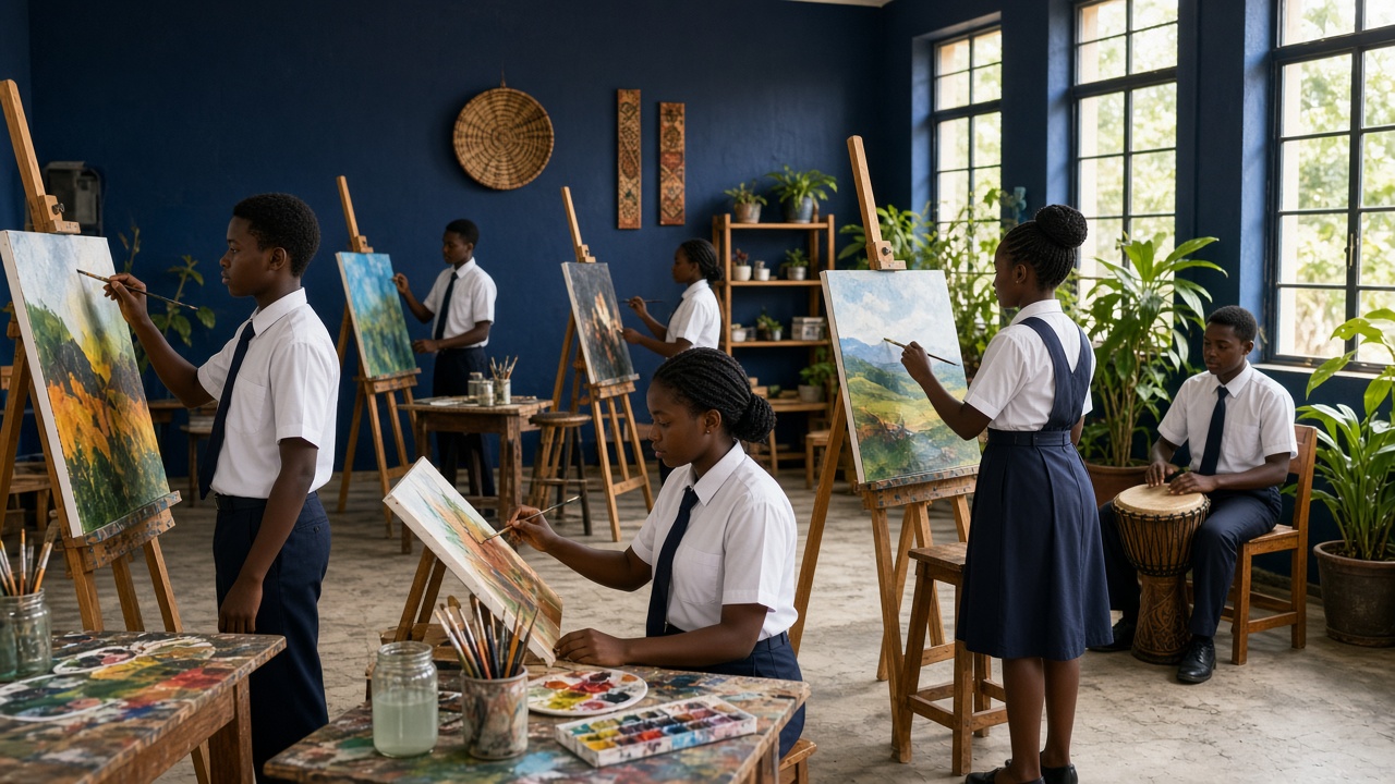 Students painting and playing music