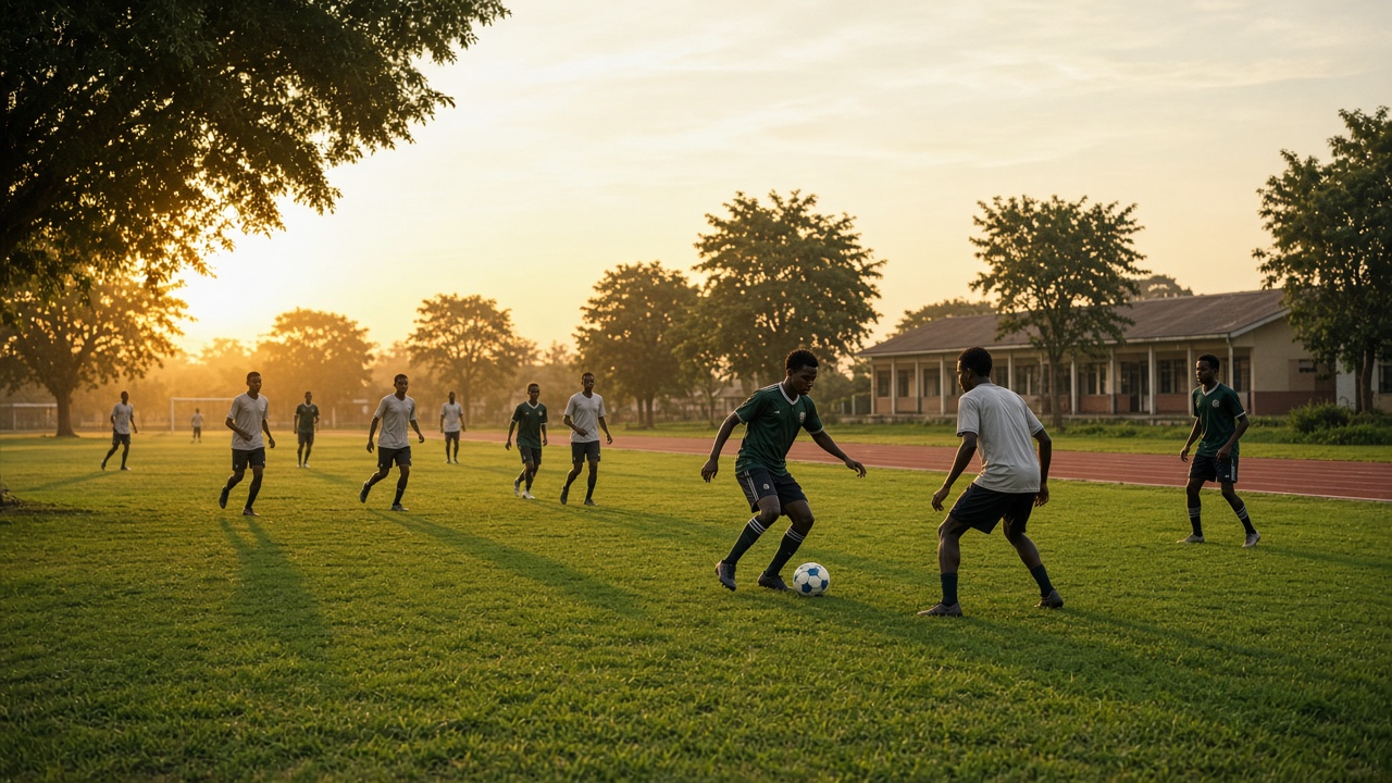 Students playing football on a school field