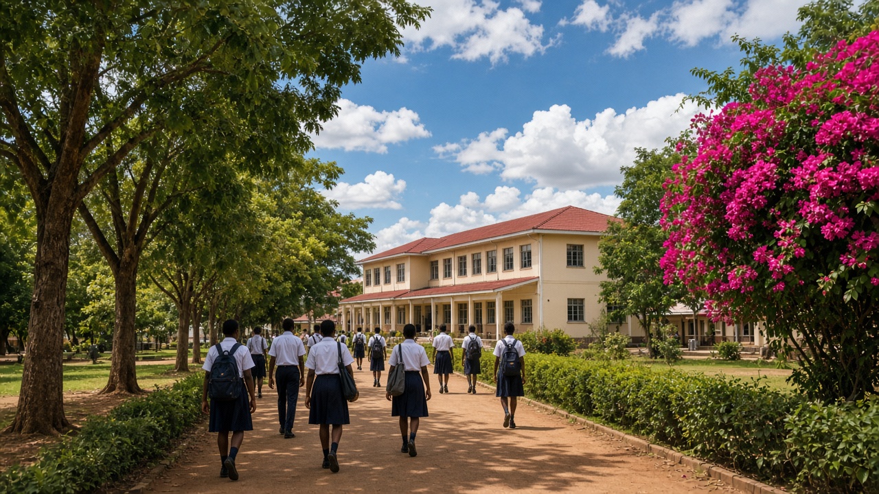 Students walking toward a school building